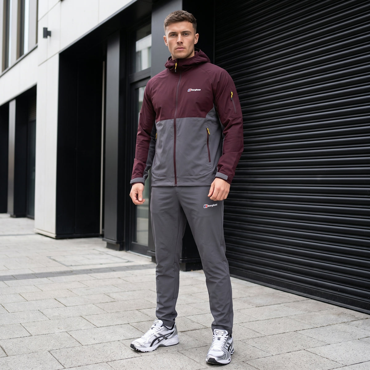 Berghaus Theran Woven Tracksuit in Burgundy/Grey - styled shot