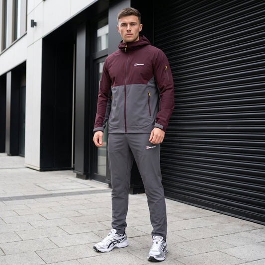 Berghaus Theran Woven Tracksuit in Burgundy/Grey - styled shot