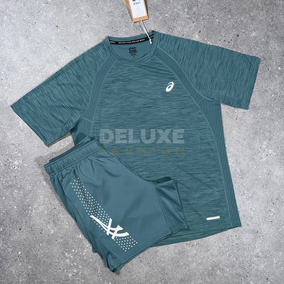 Asics Road t-shirt set in teal – side view